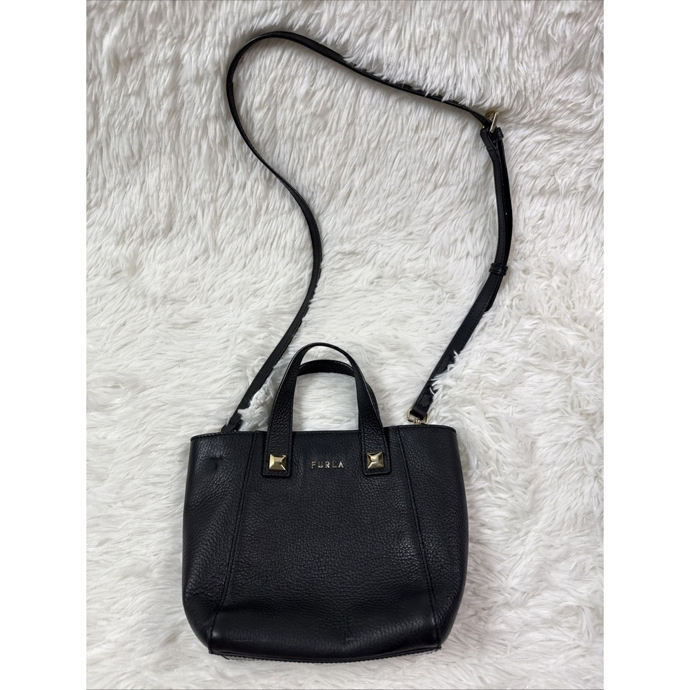 Furla Afrodite Mini Tote Pebbled Leather Crossbody Black Gold Studs